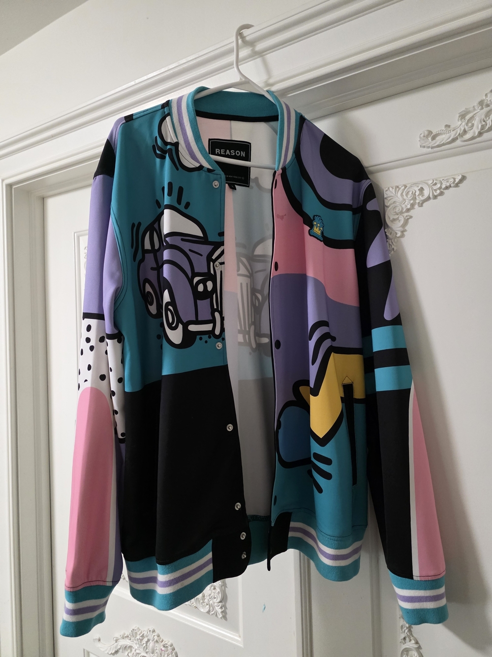 Reason Teal Pink Purple Graphic Varsity Jacket